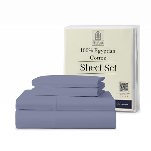Kotton Culture 4 Pc Full Sheet Set - 100% Egyptian Cotton Premium Hotel Luxury Bedding - Sateen Weave Soft Cooling Durable Bedsheet - 16" Deep Pocket Sheets - Mediterranean Blue