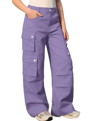 Image of SANGTREE Girls High Waist Casual Y2k Wide Leg Cargo Pants, 4-14 Years
