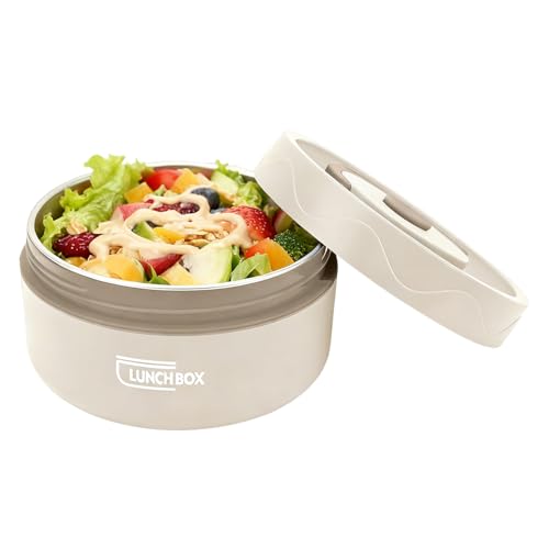 Thermo Alimentaire, Récipient à Soupe Double Couche en Acier Inoxydable 304, Portable, Forme Ronde, Pot de Nourriture Isolé, Boîte à Bento à Large Ouverture 420 ml(Passe au micro-ondes-Beige)
