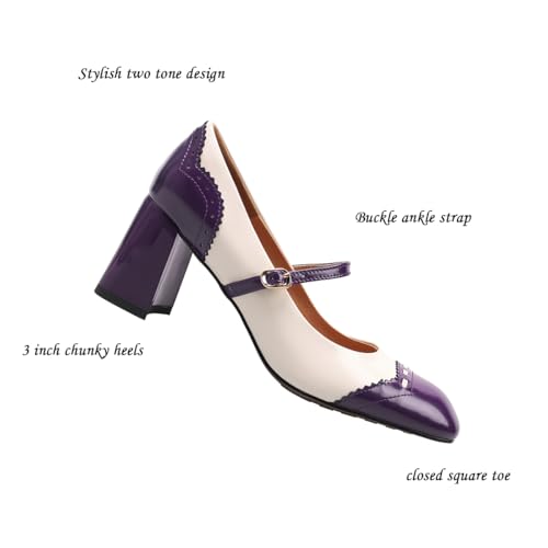 SHODENSE Women Square Toe Chunky Heel Pumps Oxford Ankle Strap High Heels Two Tone Perforated 3 inch Block Heel Mary Jane Shoes Closed Toe Dress Heels Wingtips Vintage Retro 4-11 M US2