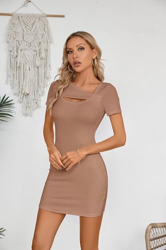 Image of VICHYIE Womens Summer Dresses Cutout One Piece Ribbed Bodycon Mini Short Sleeve Casual Slim Fitted Pencil Dresses