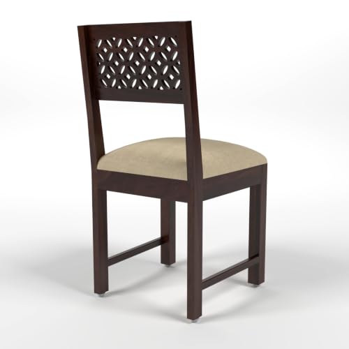 Image of Solid Sheesham Wood Dining CNC Chair for Living Room & Dining Room | Wooden Chair with Upholstered Cushion Seat | Handcrafted Carved Backrest | Walnut Finish (Set of 4)