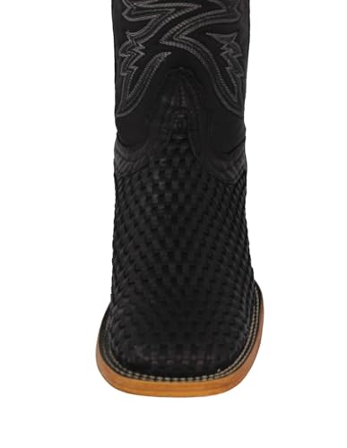 Mens Black Western Cowboy Boots Woven Leather Square Toe Botas Tejida4