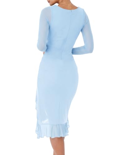 Image of BORIFLORS Women's Elegant Ruched Bodycon Midi Cocktail Dresses | Long Sleeve, Fall Winter, Square Neck, Ruffle Hem, Party Dress