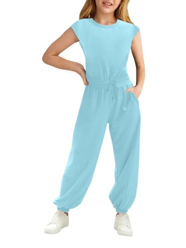 Haloumoning Monos para niñas de moda para niños, pantalones largos de verano, de manga corta, mono casual deportivo, azul, 12-14 años