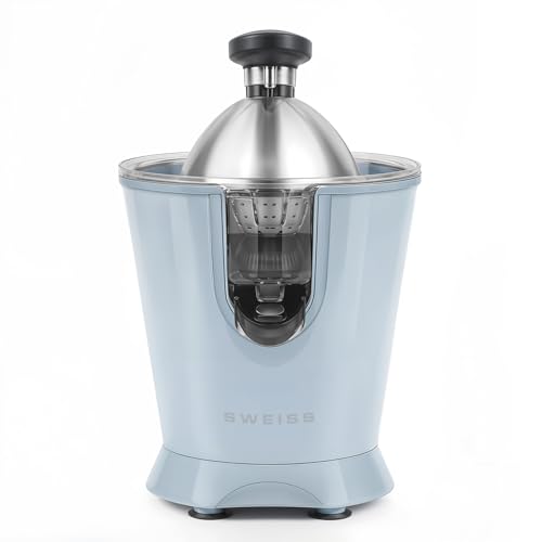 SWEISS Presse-agrumes électrique professionnel ZEST6, Bec verseur anti-gouttes, Compatible lave-vaisselle, Appareil silencieux, Bras articulé puissant 160W, Bleu