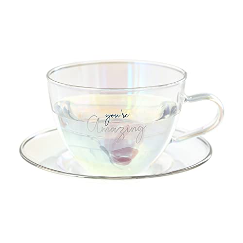 Pavilion - You’re Amazing - 7-Ounce Glass Teacup With Saucer Set, Iridescent Coffee Cup, Floral Pattern Teacup, Valentine's Day Gift Ideas For Friend, Girlfriend Mug, 1 Count - Pack Of 2 #TOP27