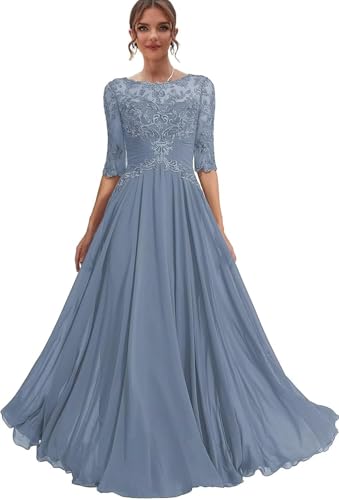 Mother of The Bride Dress Long Chiffon Prom Dresses Lace Applique Formal Evening Gown with Sleeve for Women4