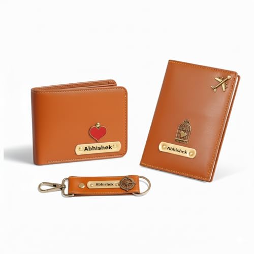 Image of Personalised Wallet, Passport Cover & Keychain Combo Set for Men | Custom Name Engraved Accessories with Charm Gift for Men Husband Valentine Day new Year Festival Diwali