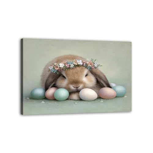 Large Canvas Wall Art Dreamy Bunny Easter Eggs Soft Pastel