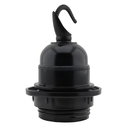 Art Deco Emporium Single E27 Lampholder in Black Bakelite with Shade Ring and Deco Styled Chain Hook for Hanging Light Fittings, Black Ceiling Light Fitting or Pendant Light Fitting