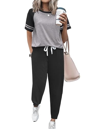 Image of Ekouaer Lounge Sets for Women Two Piece Pajama Set Short Sleeve Crewneck Jogger Outfits and Sweatpants Tracksuit