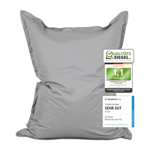 Lumaland Riesen-Sitzsack XXL 140x180 cm | Wasserfestes Indoor & Outdoor Liegekissen mit über 3 Mio. anpassungsfähigen EPS-Perlen | Bean Bag mit waschbarem Bezug [Silbergrau]