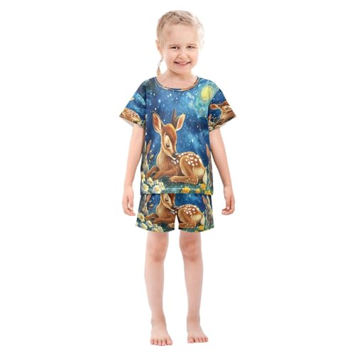 ALAZA Deer Blossom Rabbit Galaxy Pajamas Set Short Sleeve Cotton Sleepwear Summer Pjs 2 Piece 5-14Y3