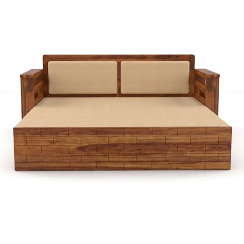 Image of Sheesham Wooden 3 Seater Sofa Cum Bed with Storage - Modern Daybed with Upholstered Backrest | Living Room Convertible Sofa Bed - Wooden Sofa Cum Bed with Mattress (Design 5)