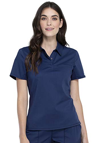 Cherokee Scrubs for Women Polo Top Snap Front Tuckable Scrub Shirt with Chest Pocket, Mesh Panels, Stretch Easy Care - WW698, M, Navy