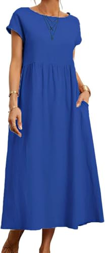 Image of BIRW Cotton Linen Dresses for Women 2025 Summer Casual A Line Flowy Dress Beach Vacation Midi Gauze Dress with Pockets