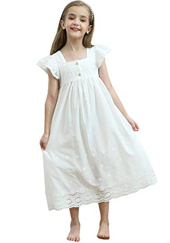 PUFSUNJJ Lovely Girls Princess Nightgown Soft Cotton Sleepwear Kids 7-8 Years - Thumbnail 3