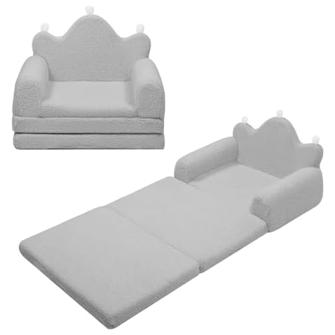 GGIB 2 in 1 Kids Couch Fold Out Toddler Couches Crown Design Kids Sofa Bed Foldable Baby Couch Chairs Convertible Children Sofa Toddler Couch Bed Light Grey Cover