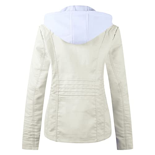 Gxlong Women’s Faux Leather Jackets Ladies Motorcycle Hooded Jacket Coat Full Zip Multi-Pocket Pu Moto Biker Outwear(White,Large) #TOP2