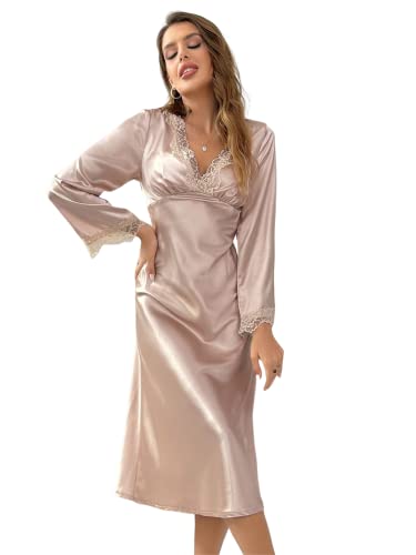 Soly Hux Women's Slip Dress Sleepwear Elegant Nightgowns V Neck Long Sleeve Contrast Lace Tie Back Satin Nightdress Baby Pink M #TOP16