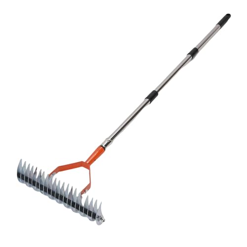 Oreilet Rake de palha, rastejos relva de jardim 12,8 polegadas largura para limpar erva morta com cabo de aço inoxidável, dentes aço, palha de metal para o chão pátio