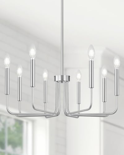 Yunnix 8 Light Brushed Nickel Chandelier, Farmhouse Chandelier for Dining Room Light Fixture Hanging, UL Listed Industrial Modern Chandelier for Bedroom, Kitchen, Living Room, No Assembly Required