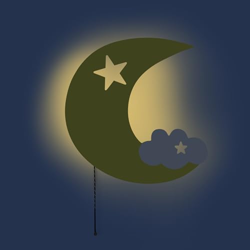 Brandsseller Lámpara de noche LED de madera, 31 x 31 cm, lámpara de pared, lámpara de noche, con cordón, luz blanca cálida, funciona con pilas, media luna, amarillo