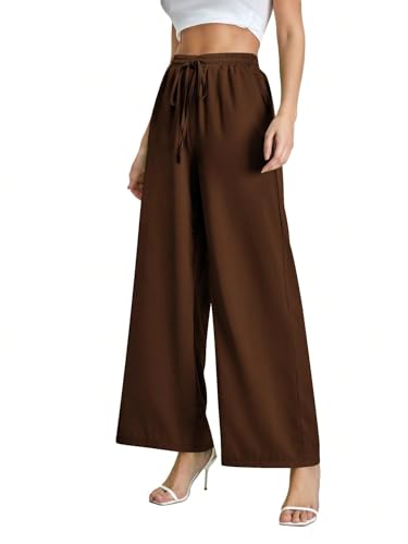 SweatyRocks Women's Wide Leg Satin Pants Casual Elastic Waist Loose Trousers with Pocket4