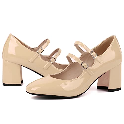 Alsoloveu Women's Mary Jane Shoes Patent Leather Retro Low Chunky Heels Pump Shoes for Women Double Ankle Strap Pumps2