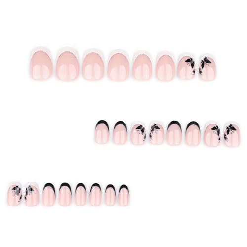 Image of Secret Lives Round Nail Art - White-Edged Press-On Nails with Black Butterfly Accents, Reusable Elegant Set, Lightweight Fit for Daily Style, Events, Parties, Travel, and Gifting