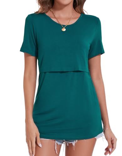 Sosolism Camiseta de Lactancia Esencial para Mujer Top de Verano de Manga Corta Suave y Cómoda para Amamantar Ropa de Alimentación Materna Verde, Mediano