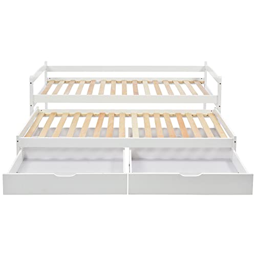 Idemon Cama individual y doble, cama deslizante con ruedas inferiores, con 2 cajones de MDF, marco de madera maciza, blanco (200 x 90 cm/190 x 90 cm)
