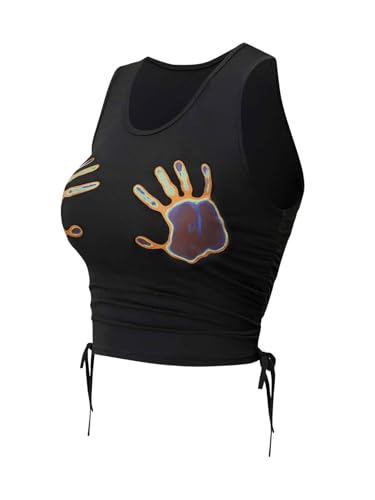 SHENHE Women's Summer Ruched Sleeveless Hands Print Crewneck Drawstring Tank Crop Tops3