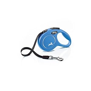 Flexi New Classic Automatic Dog Leash Pause and Lock, Retractable Comfortable One Hand Brake System Durable Non-Slip Handle Dog Walking and Training Leash Nylon Tape, Blue 3m/10 ft Extra-Small | Leash for Small Size Dog, Max Capacity - 12 KG