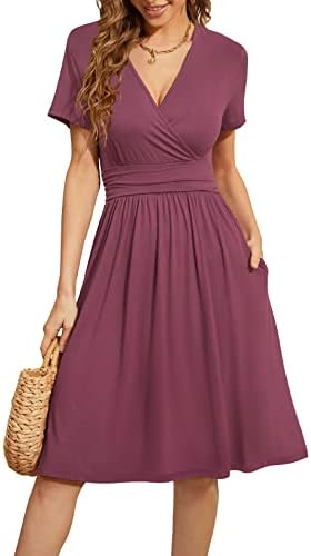 WEACZZY Women Summer Casual Short Sleeve Dresses Empire Waist Dress with Pockets, Mauve, Large