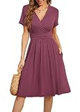 WEACZZY Women Summer Casual Short Sleeve Dresses Empire Waist Dress with Pockets, Mauve, Large