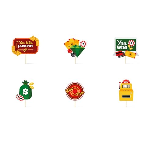 Image of Just Party Casino Theme Happy Birthday Cake Topper & Birthday Props for Kids | Vegas Style Cake Toppers for Cake Decoration & Photo Props / Muffin Toppers | Set of 6 Props + 1 Topper