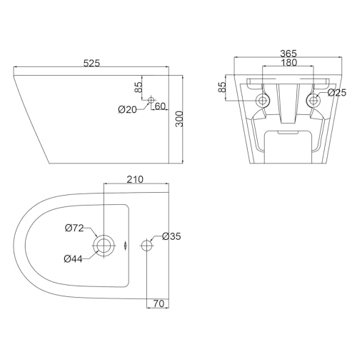 Hänge-Bidet mit Nano-Beschichtung - Wand-Bidet aus Keramik mit Hahnloch und Überlaufschutz - Dusche Hygienedusche WC für Intimreinigung - mit Befestigungssatz für Montage – Bild 4