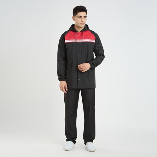 Image of Water Fighter by ZEEL Rain Coat for Men with Adjustable Hood, Polyester Waterproof Full Sleeves, Top and Bottom Set Rainwear, Front Zip with Snap Button Flap (EWFPOD, Black-Red, XL)