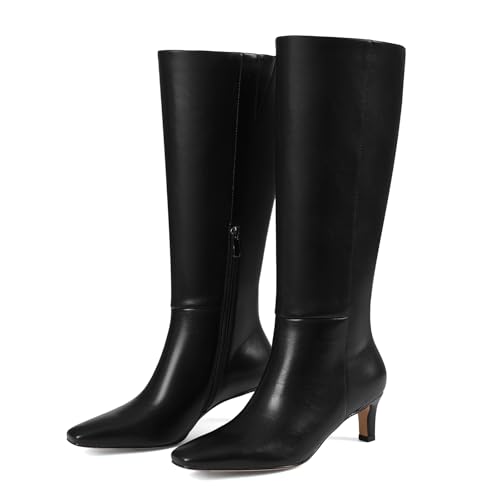 Knee High Long Boots for Women Wide Calf Kitten Low Heel Square Toe Leather Fall Winter Fashion Tall Boot Side Zipper Dress Shoes