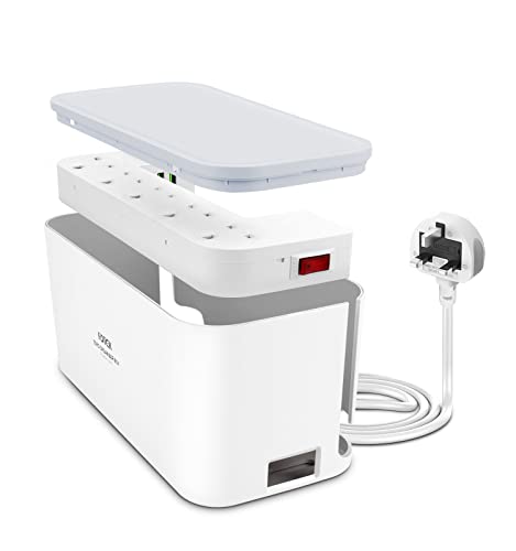 Extension Lead with USB Slots Cable Tidy Box FDTEK 5 Way Plug Extension with 3 USB Ports and Cable Management Box UK Power Strip with 2M Cord Overload Protection Switch for Home Office