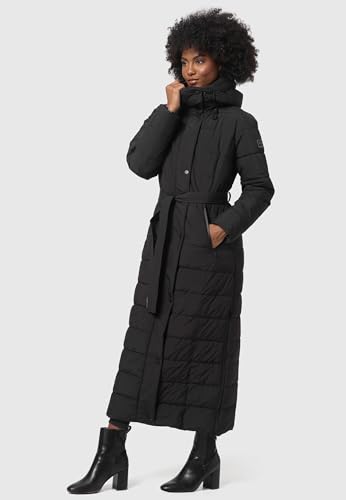 Navahoo Damen Wintermantel Warmer Steppmantel lang mit Kapuze und Taillengürtel Das Teil XIV Black Gr. XL
