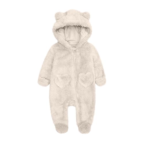 AIMAOMI Baby Fleece Jumpsuits Soft Hooded Bear Ear Onesie Beige 0-3 Months - image 2