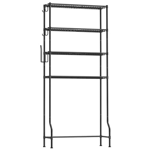 SONGMICS Scaffale sopra WC a 4 Ripiani, Scaffale da Bagno in Metallo, Ripiani Regolabili, con 4 Ganci e Portarotolo, Salvaspazio, 30 x 83 x 176 cm, Nero BTS023B01