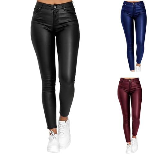 ASIYAN Pantalones De Cuero For Mujer, Leggings Ajustados Sexis con Apariencia De Cuero Sintético, Cintura Alta, Aspecto Elástico Treggings con Efecto Push Up Vaqueros Deportivos(Noir,M)