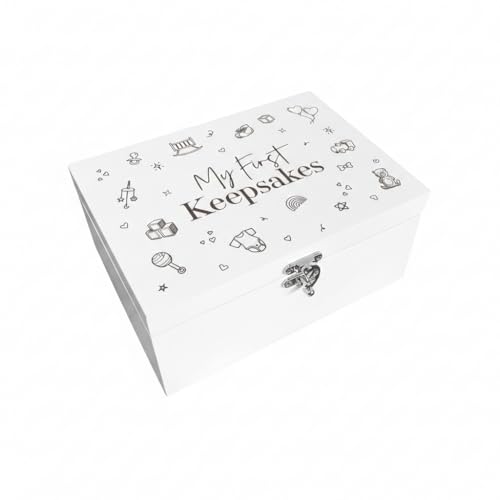The Lovely Keepsake Company My First Keepsakes Engraved Baby Memory Box | White Wooden Storage | Gender Neutral Gift for New Parents Baby Shower & Newborn | 30cm x 23cm x 18cm