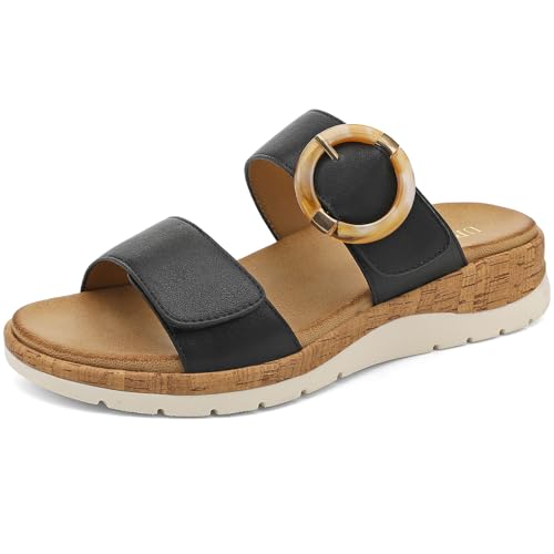 Image of UBFEN Womens Low Wedge Slides Comfy Arch Support Cushioned Footbed