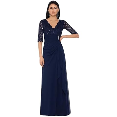 Betsy & Adam Navy V-Neck Lace Gown Cover