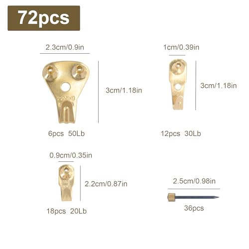 SZWLJ 72 Stück Bildhaken Set ,inkl 20,30 & 50 lbs Haken für Bilder und Nägel – Bildhaken zum Nageln zum Aufhängen von Uhren, Fotos, Taschen, Leinwandgemälden an Harten Wänden.